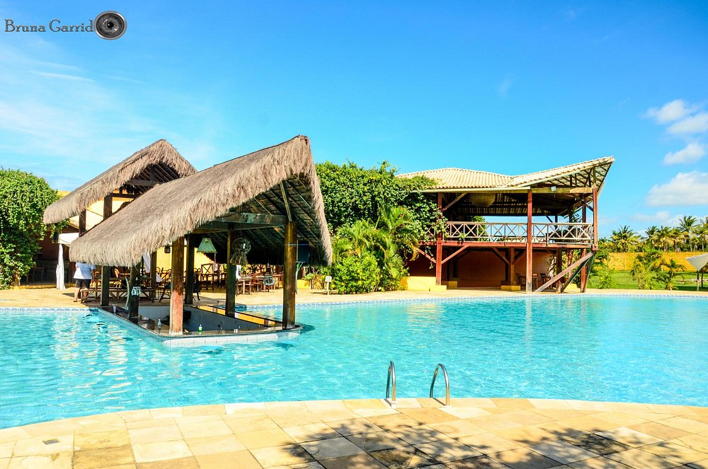 Piscina principal com bar molhado coberto por palhoça, deck de pedras e céu azul